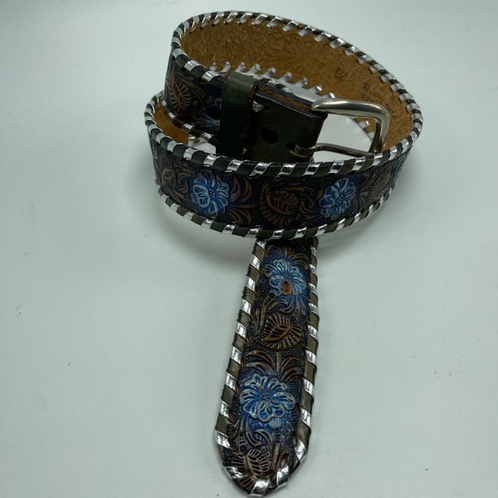 Genuine Leather Size 28 Hand Laced Painted Tooled Antiqued Saddle Embossed Belt
